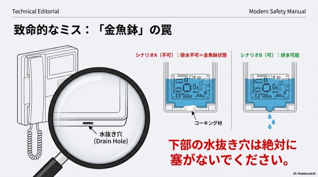 下部の水抜き穴をコーキングで塞ぎ、内部が水没した「金魚鉢状態」の図