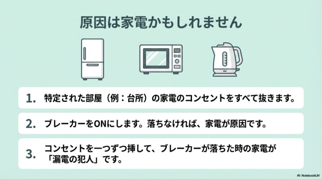 特定された部屋の家電（レンジ、ポット等）のコンセントを抜き差しして原因家電を特定する様子のイラスト。