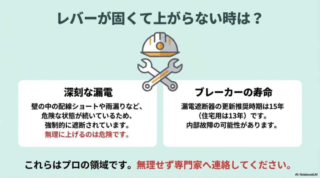 レバーが固くて動かない、または上げてもすぐに落ちる状態の図。深刻な漏電や故障の可能性を示唆。