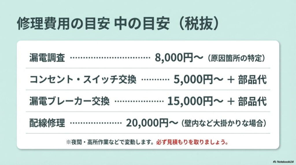 漏電調査、ブレーカー交換、配線修理などの概算費用リスト（税抜）。