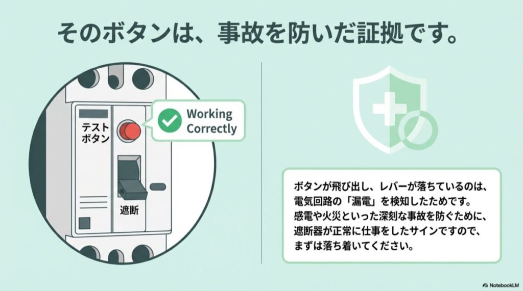 漏電ブレーカーのボタンが飛び出しレバーが落ちている状態のイラスト。正常に遮断機能が働いたことを示す安全のサイン。