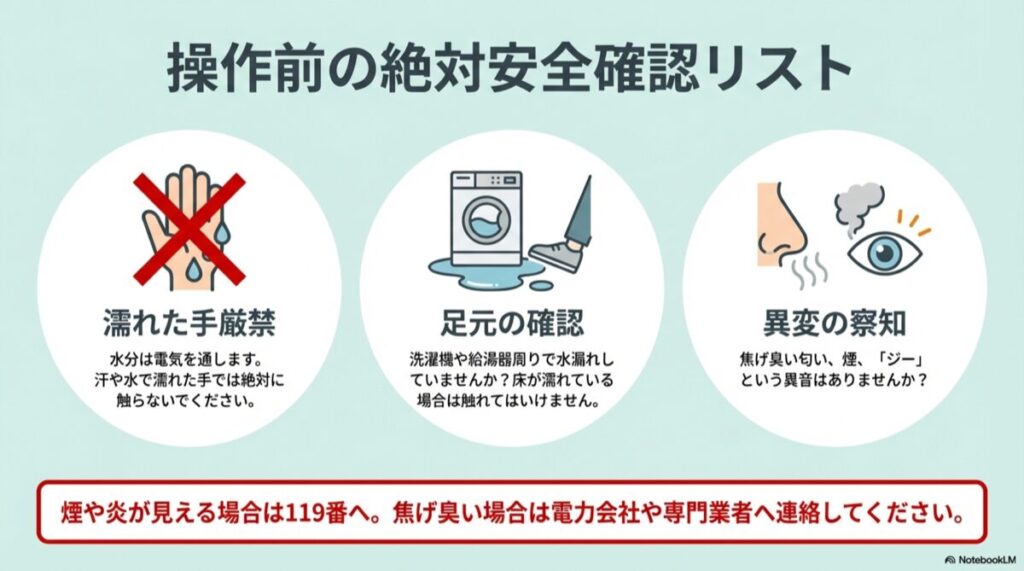 濡れた手での操作禁止、足元の水漏れ確認、異臭や煙の確認など、感電事故を防ぐための安全チェックリスト。