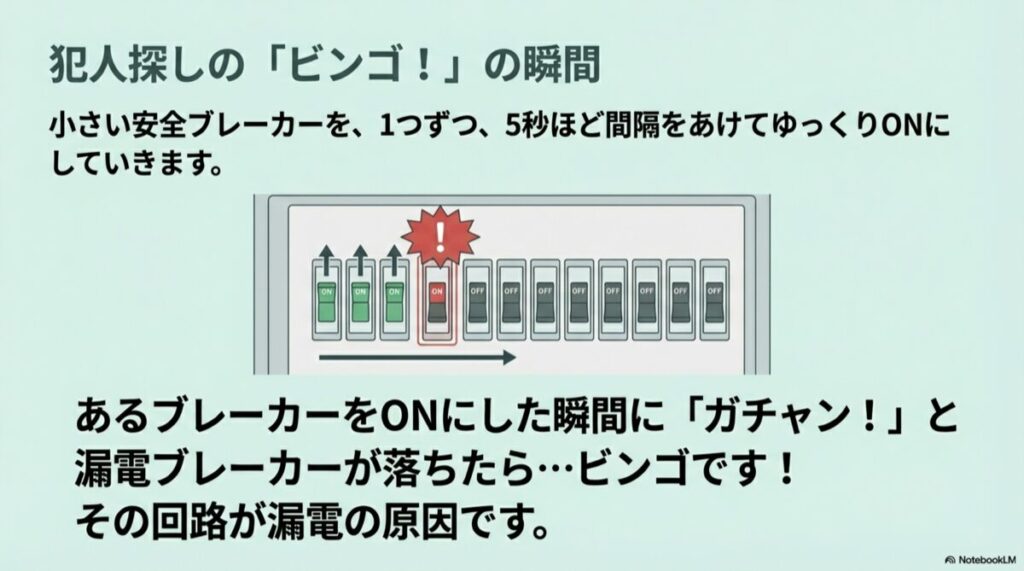 安全ブレーカーを一つずつONにしていき、漏電ブレーカーが落ちた瞬間（原因特定）を描いたイラスト。