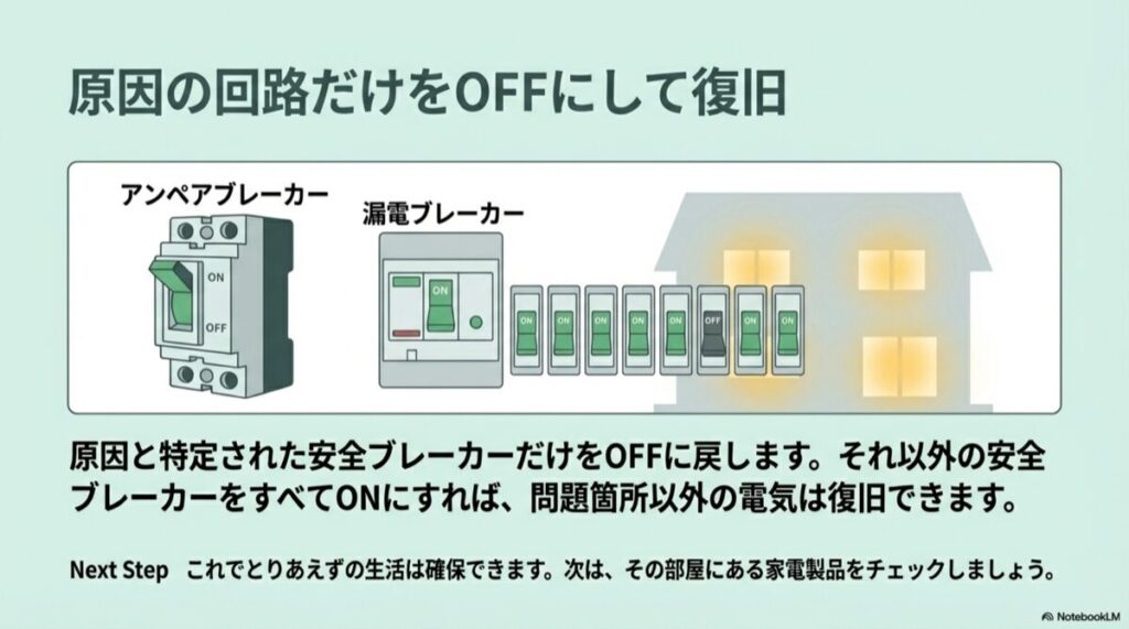 原因箇所の安全ブレーカーだけをOFFにし、それ以外の電気を復旧させた分電盤のイラスト。