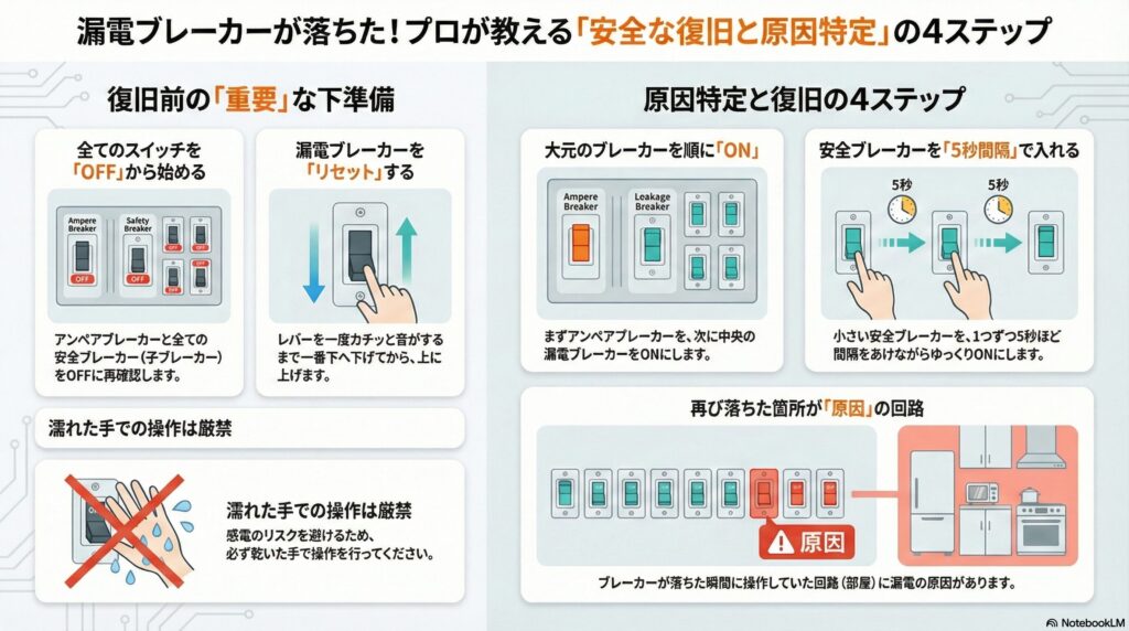 漏電ブレーカーが落ちた！プロが教える「安全な復旧と原因特定」の4ステップ