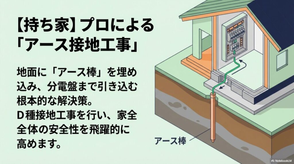 地面にアース棒を埋め込み、分電盤へ引き込む工事の断面図解。