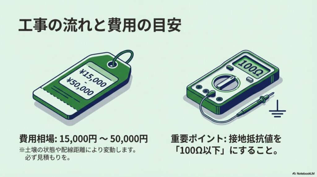 15,000円〜50,000円という値札タグと、アーステスター(抵抗測定器)のイラスト。