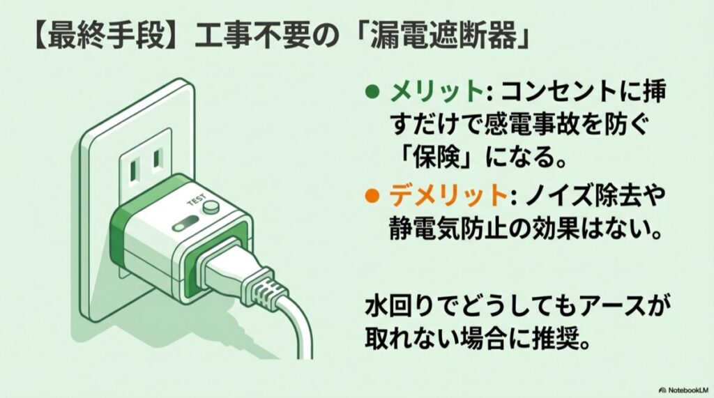 コンセントに挿すタイプの漏電遮断器のイラスト。テストボタンやリセットボタンの描写。