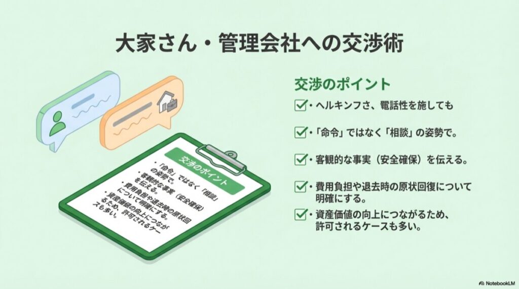 交渉時のポイント(相談の姿勢、安全確保、費用負担、資産価値)をまとめたチェックリスト画像。