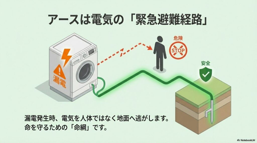 人体への感電を防ぎ、電気を地面へ逃がすアースの役割を示した図解。「STOP」「安全」のマーク。