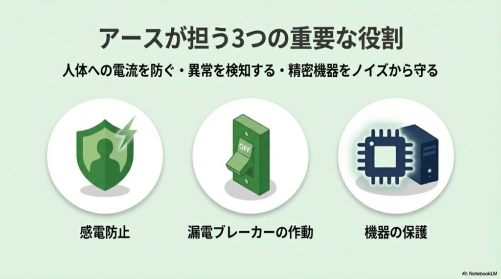 漏電時の感電防止、漏電ブレーカーの作動、精密機器の保護という3つのメリットを示したアイコン図。