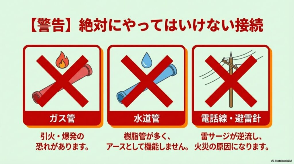 ガス管、水道管、電柱へのアース接続にバツ印がついた禁止事項のイラスト。「爆発の恐れ」「効果なし」の警告。