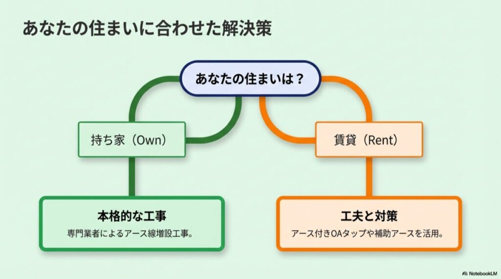持ち家なら「工事」、賃貸なら「工夫」という分岐を示したフローチャート図。