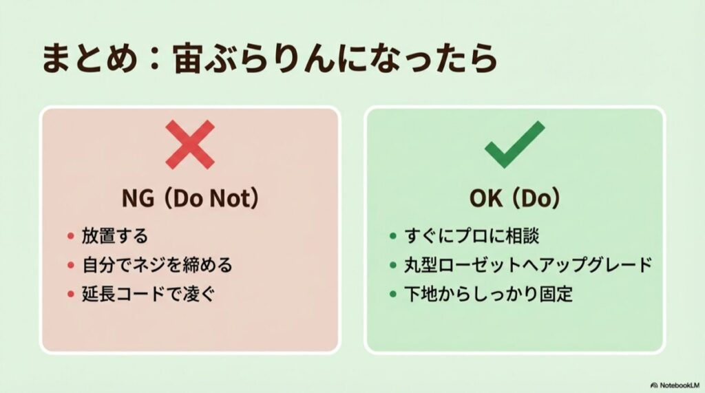 やってはいけないこと（放置、自力修理）とやるべきこと（プロ相談、ローゼット交換）の対比リスト。