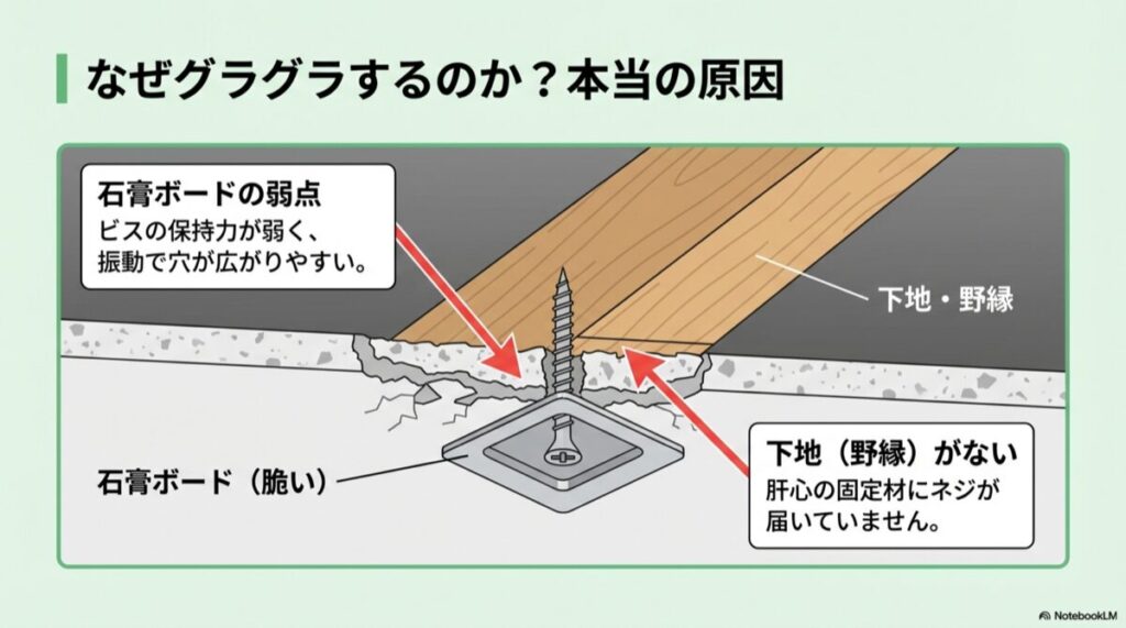 石膏ボードの断面図。下地（野縁）がない場所にビスを打つと穴が広がり固定できない様子。