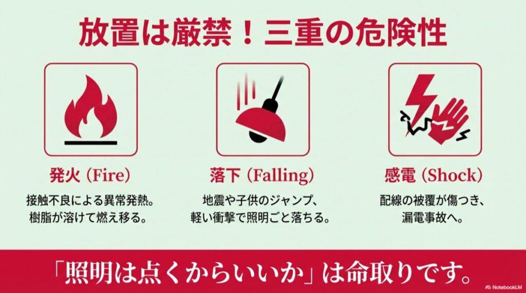 放置による3つの危険性を示すアイコン（発火、照明の落下、感電事故）。