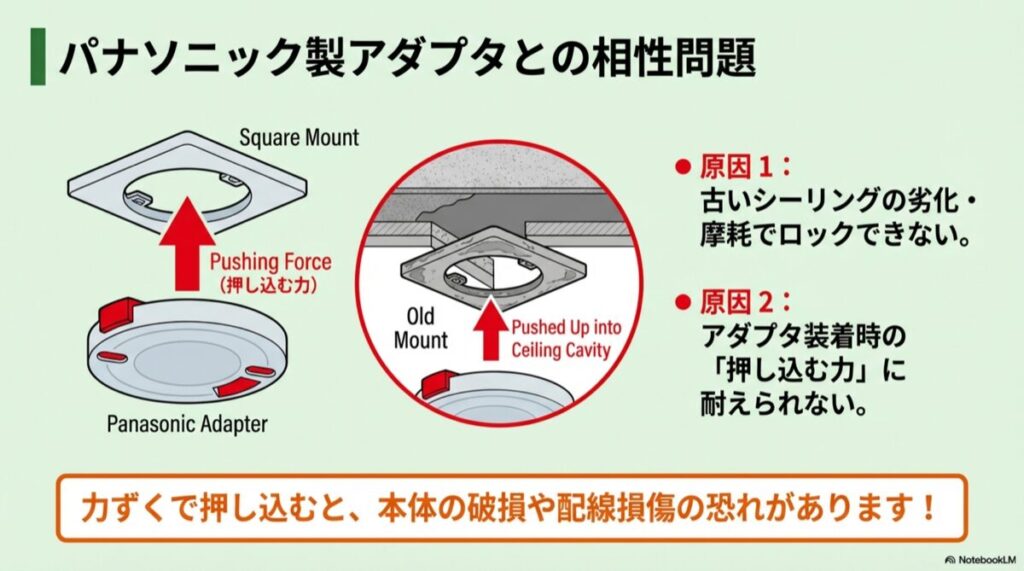 古いシーリングにパナソニック製アダプタを押し込む際の力の向きと、天井裏に押し上げられてしまう構造図。