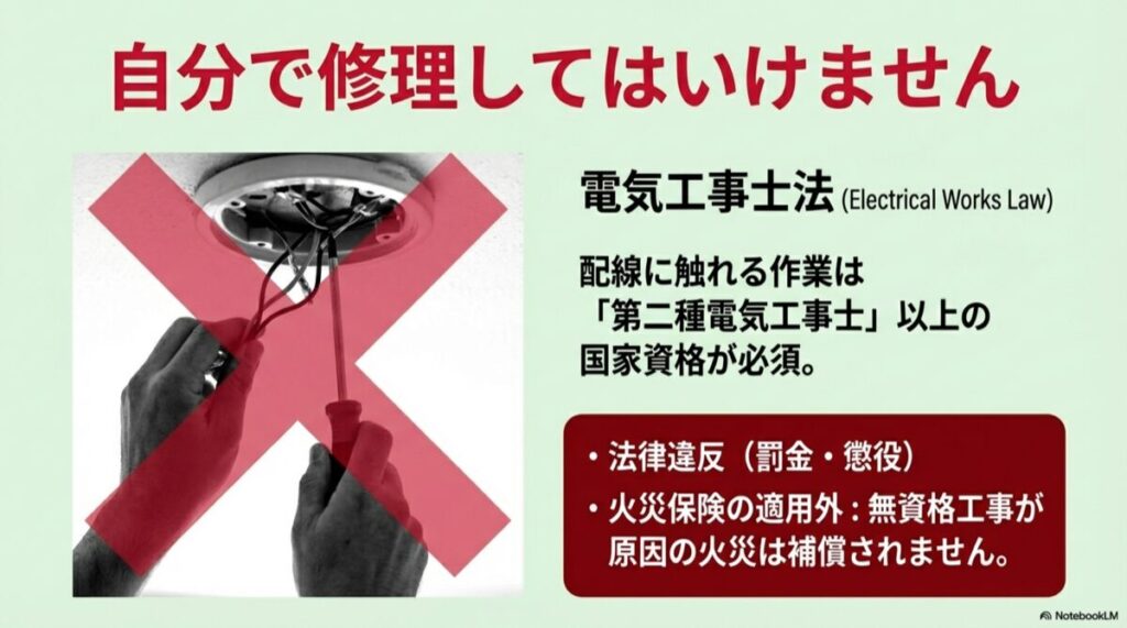 天井配線の修理にドライバーを使おうとしている手と、大きく描かれた赤いバツ印。