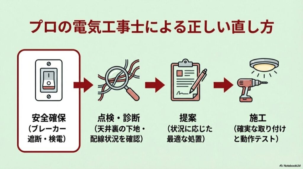 プロによる修理工程のフロー図（安全確保、点検・診断、提案、施工）。