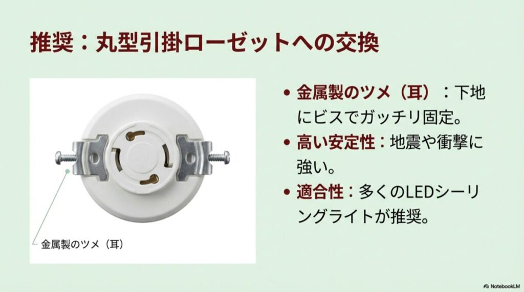 丸型引掛ローゼットの実物写真。左右にある金属製のツメ（耳）が強調されている。