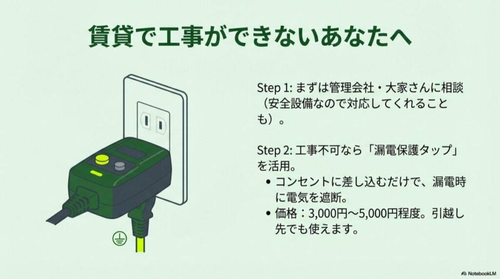 コンセントに差し込むタイプの緑色の漏電保護タップの製品イメージ