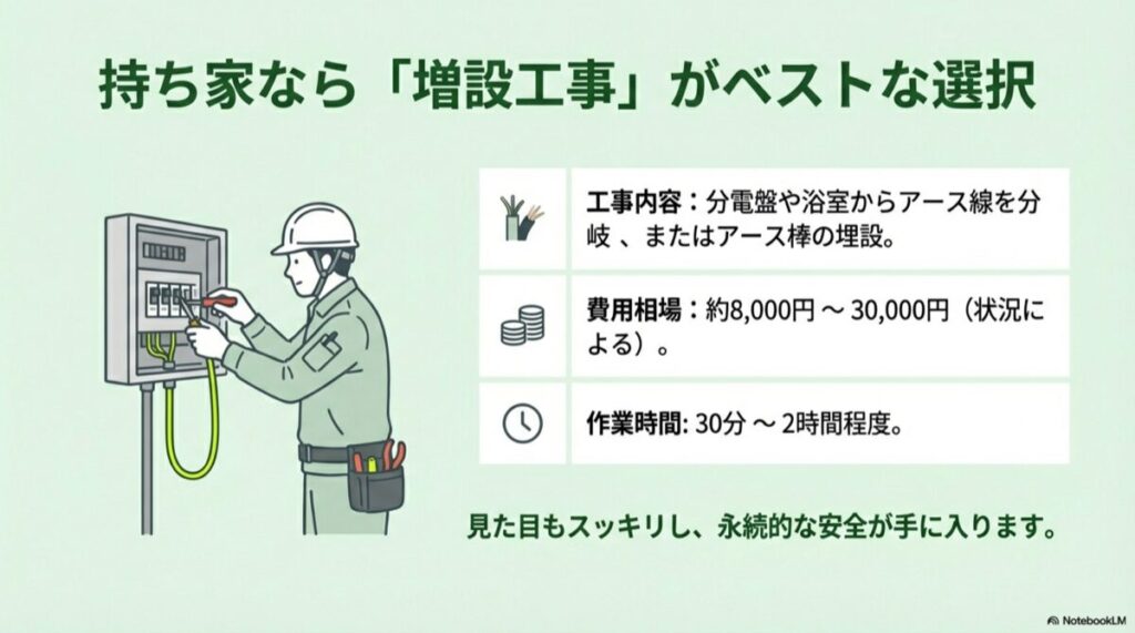 作業着を着た電気工事士が分電盤やコンセントを点検・工事している様子