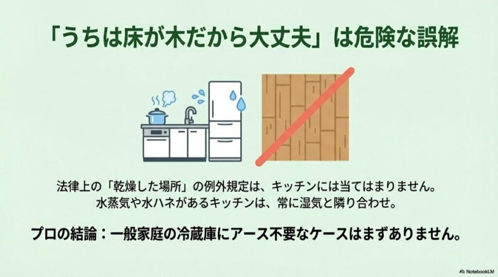湿気のあるキッチンと、木製の床にバツ印がついた比較イラスト