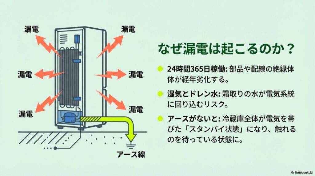 冷蔵庫から漏電が発生している様子と、アース線が電気を地面に逃がす仕組みの図解