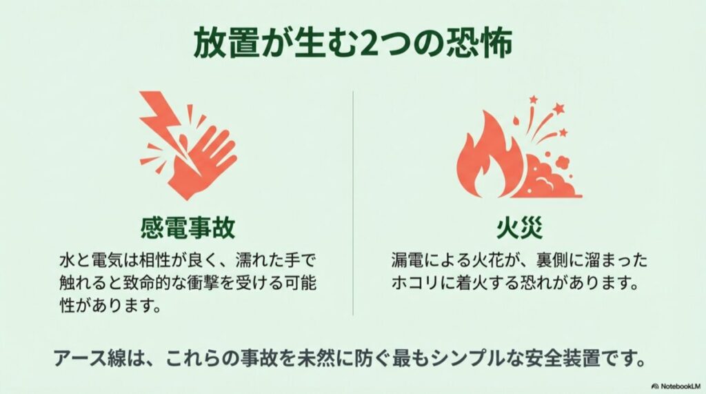 感電している手のアイコンと、漏電による火災が発生しているイラスト