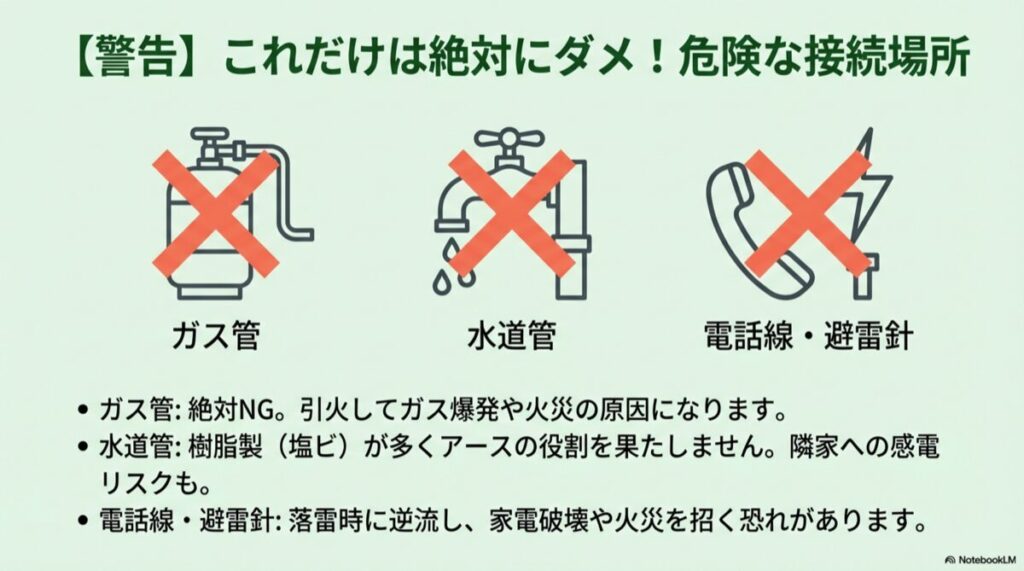 ガス管、水道管、電話線にバツ印がついた、誤ったアース接続先への警告イラスト
