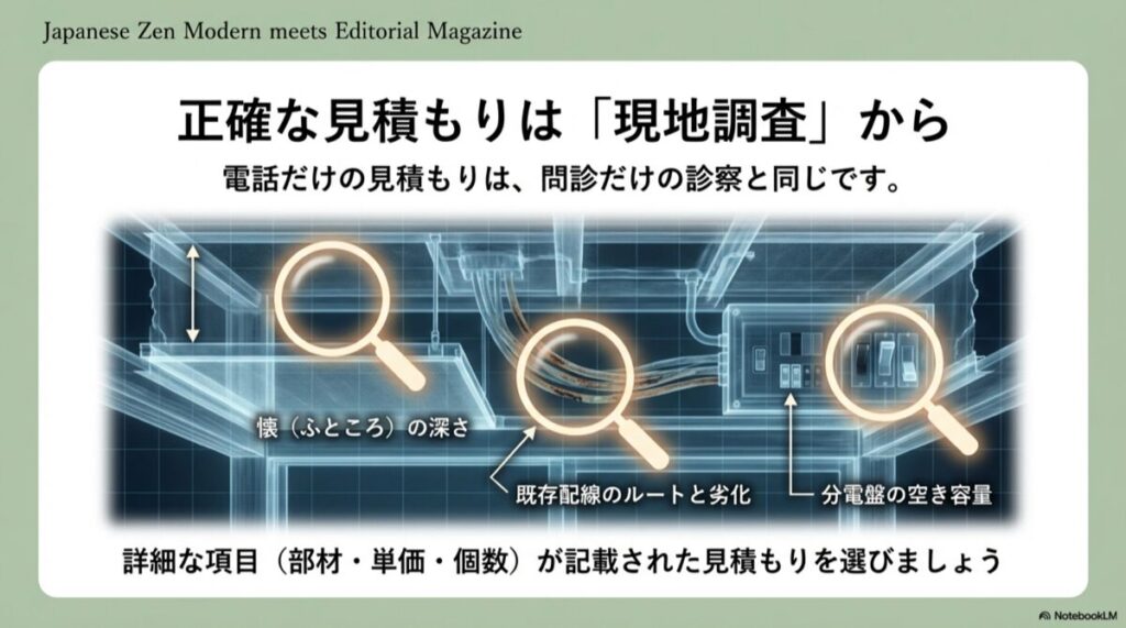天井裏の深さ、配線ルート、分電盤の空き容量を虫眼鏡で確認している透視図