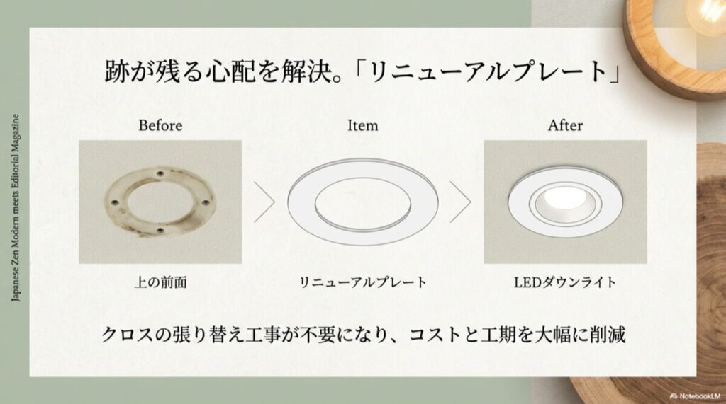 既存器具の跡が残ったBeforeと、プレートで隠して美しく仕上げたAfterの比較写真