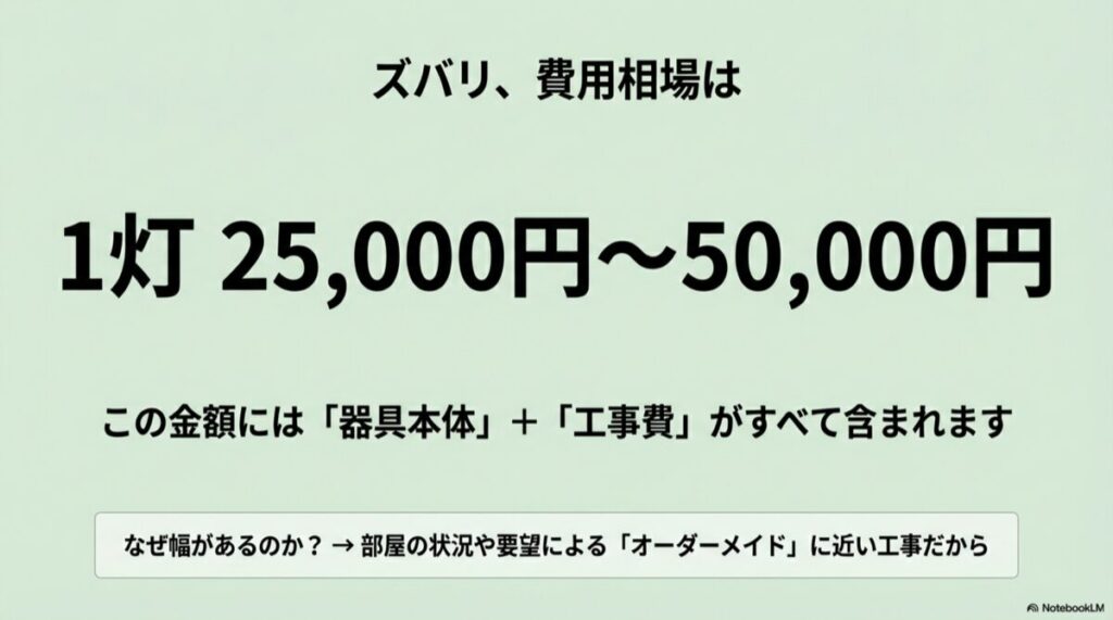 1灯あたり25,000円から50,000円（器具代・工事費込）と記されたスライド
