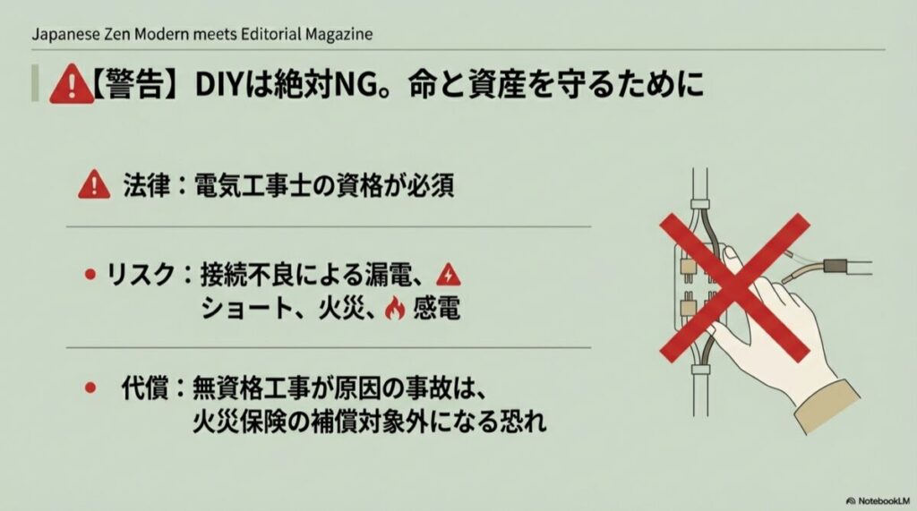 電気配線を触る手に赤いバツ印がついた警告画像とリスクの羅列