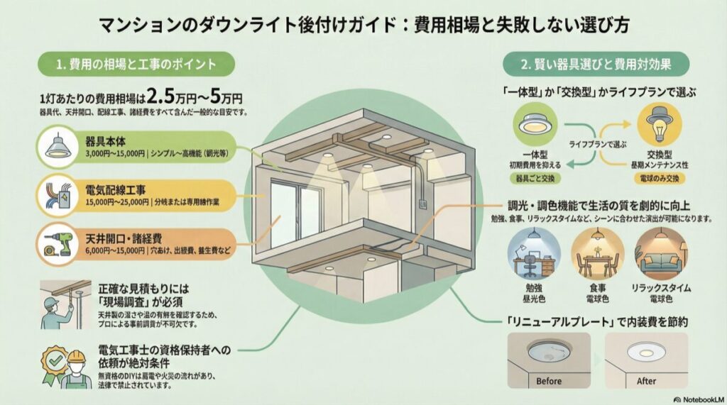 マンションのダウンライト後付けガイド：費用相場と失敗しない選び方