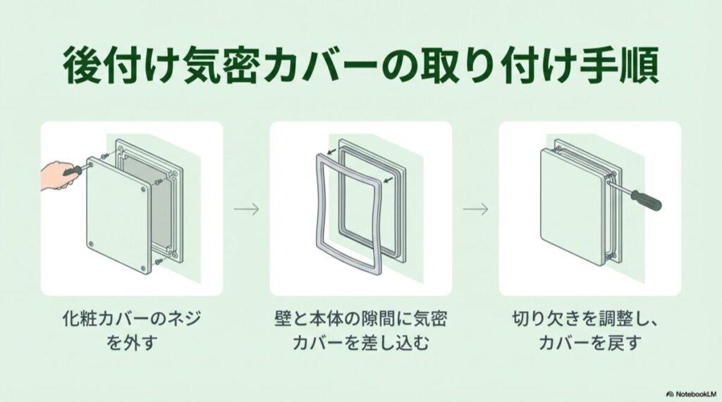 ドライバーでネジを外し、気密カバーを本体と壁の間に差し込む手順の図解