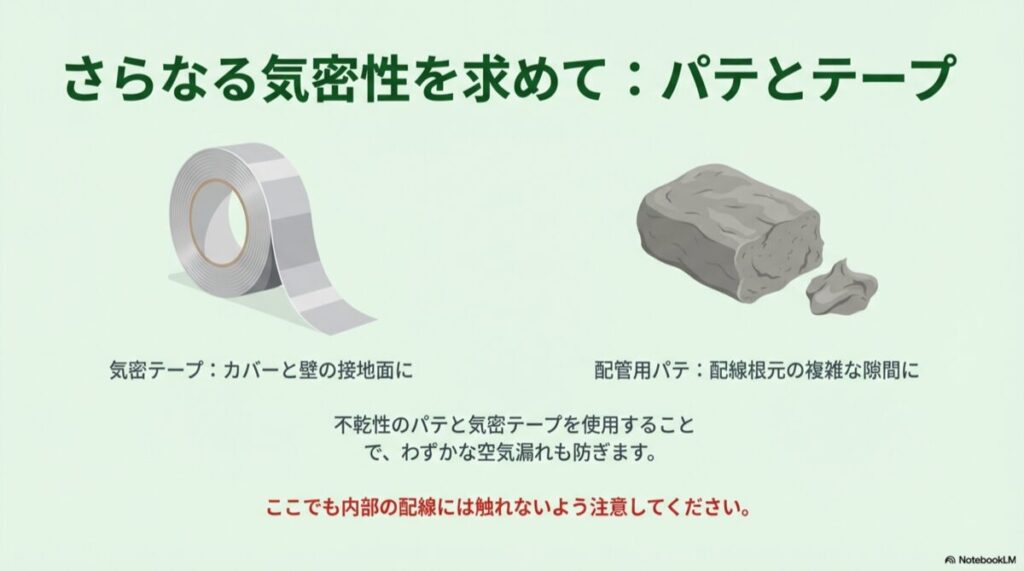 気密テープのロールと、不乾性パテのイラスト