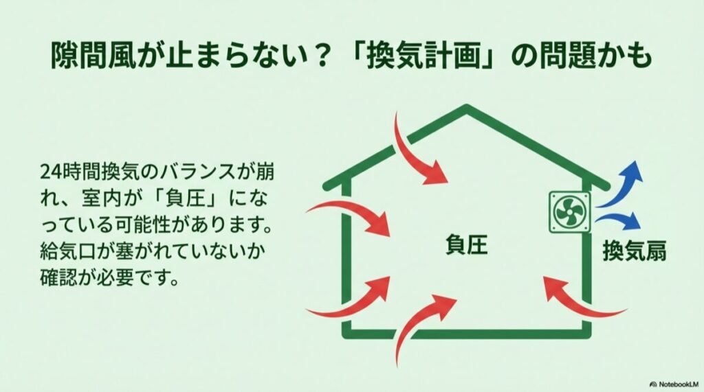 換気扇によって室内が負圧になり、家中の隙間から空気が吸い込まれる図解