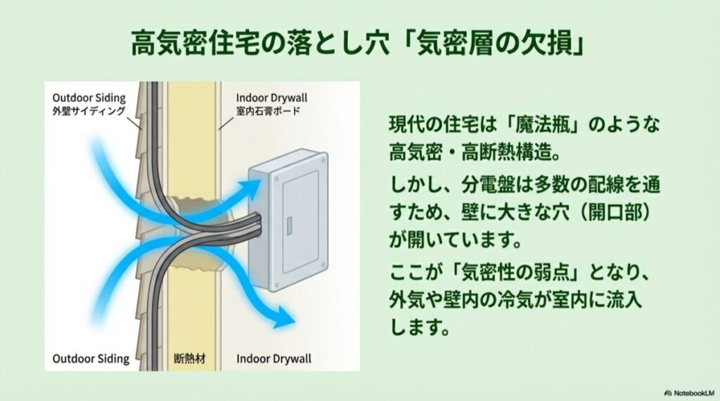 外壁と室内壁の間の断熱材を貫通する配線穴から冷気が入り込む様子を示す図解