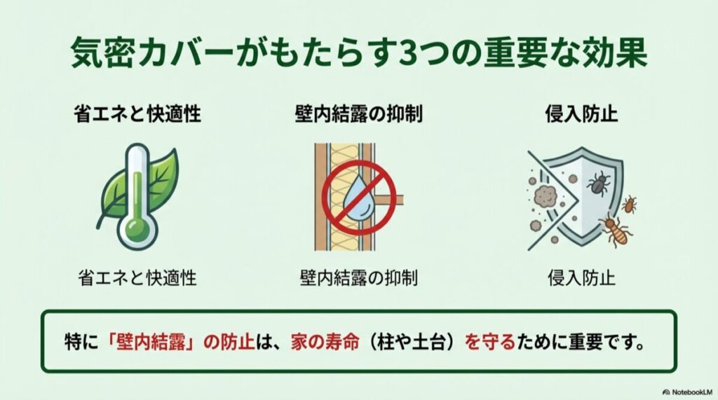 温度計（省エネ）、結露防止、シールドと虫（侵入防止）の3つのアイコン