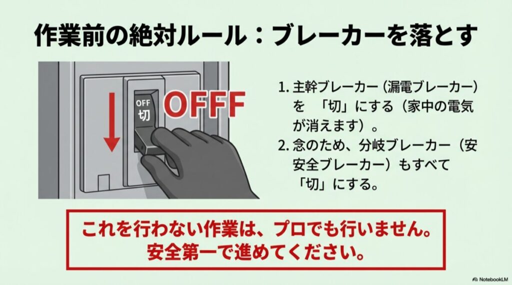 主幹ブレーカーのスイッチを「切」の状態に下げているイラスト