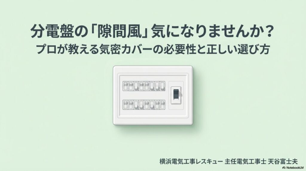 一般的な分電盤のイラストと、気密カバーの必要性を問う導入画像