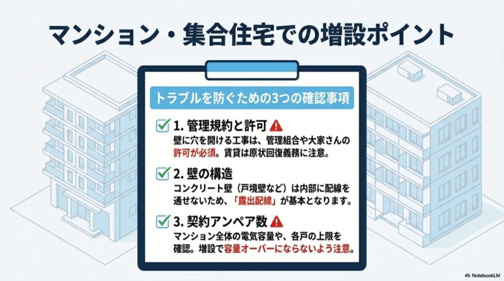 管理規約の確認、壁の構造（コンクリート）、契約アンペア数など、マンション特有の注意点まとめ