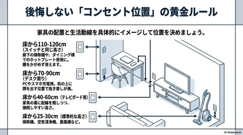 掃除機用、デスク用、スイッチ横、テレビボード裏など、生活動線に合わせた使いやすい高さの図解