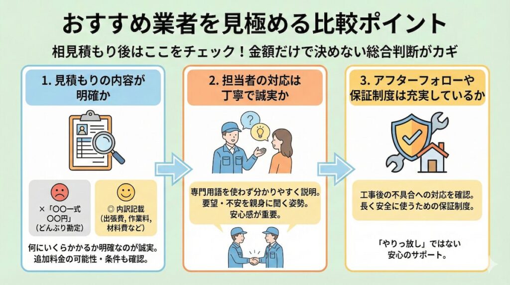 業者選びで相見積もり後に比較すべき3つのポイント（見積もりの明確さ、担当者の対応、アフターフォロー・保証）をまとめたインフォグラフィック。