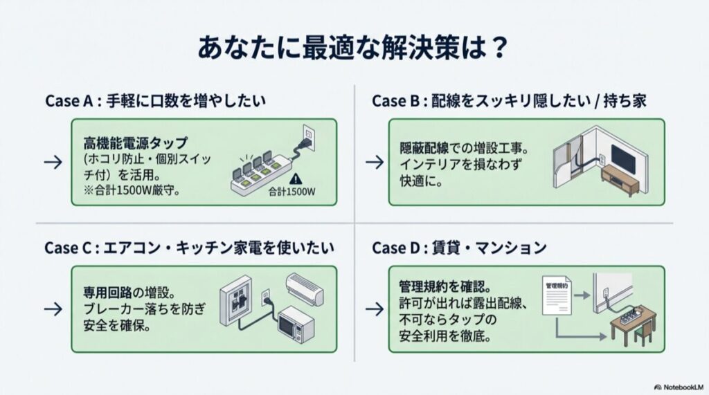 手軽さ重視ならタップ、見た目重視なら隠蔽配線、パワー重視なら専用回路など、目的別の解決策まとめ