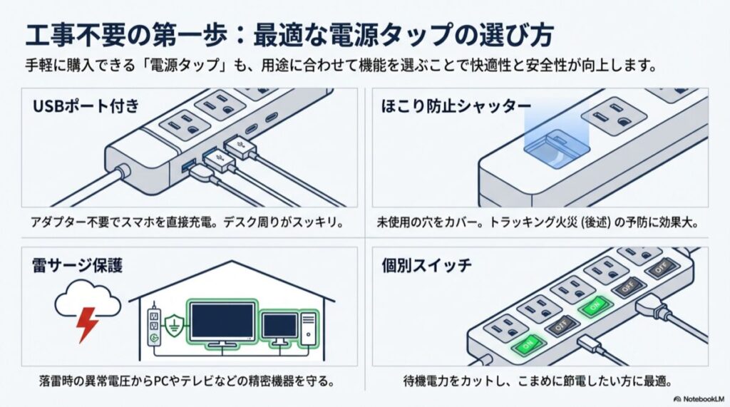 USBポート付き、個別スイッチ、雷サージ保護、シャッター付きなど、便利な電源タップの機能図解