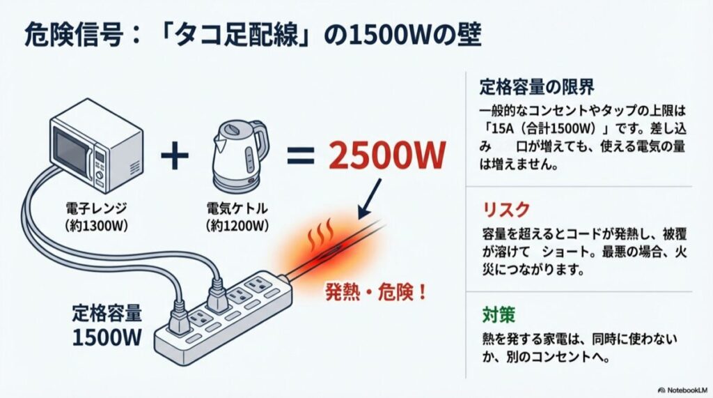 電子レンジや電気ケトルを同時に使用して1500Wを超え、発熱しているコンセントの警告イラスト