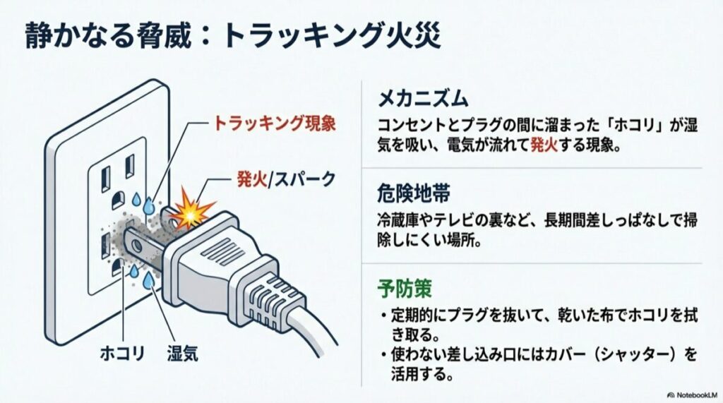 コンセントとプラグの間に溜まったホコリが湿気を吸い、ショートして発火するメカニズムの図解