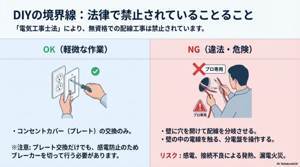 資格なしで行うと違法になる配線作業と、DIYで可能なカバー交換の区別を示したイラスト